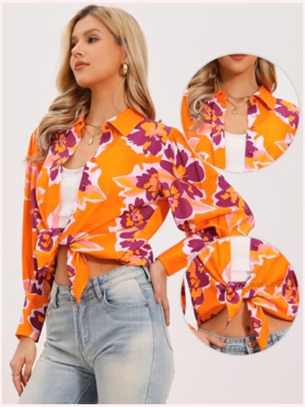 Boho Floral Blouse, Lantern Long Sleeve Button Down Shirt - Picture 4 of 5